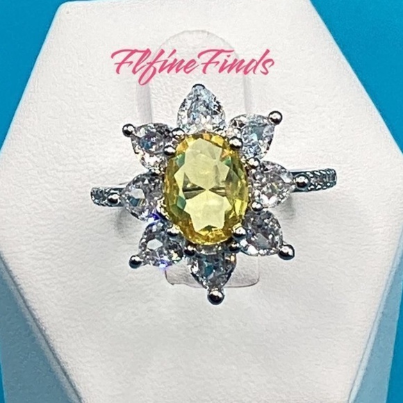 Sterling Silver Canary yellow Sunflower Cz Diamond Ring - Picture 2 of 13